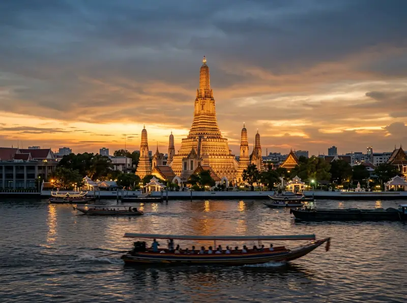 Wat Arun temple glowing at dusk on the Chao Phraya river in Bangkok