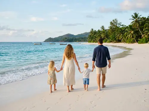 Family walking together on a tropical beach