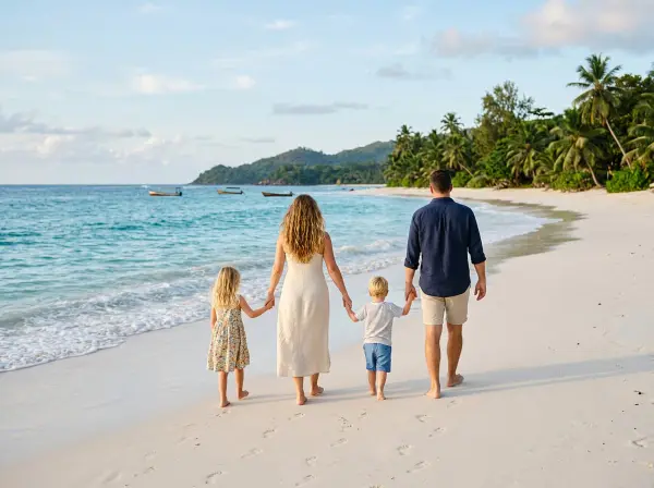 Family with young children walking along a white sand beach