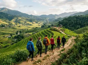 Travellers hiking to a viewpoint over green rice terraces