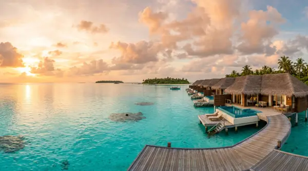 Overwater villas on a turquoise lagoon at sunset