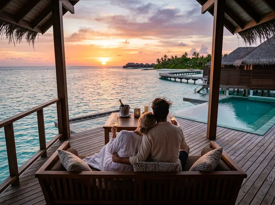 Couple relaxing on a villa deck overlooking the sea at sunset