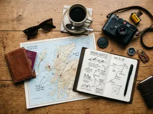 Map, passport, notebook and camera laid out for trip planning