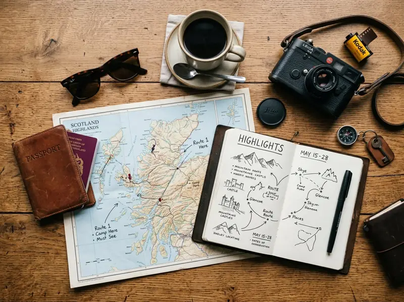 Map, passport and travel notebook laid out for planning a holiday