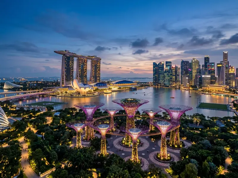 Gardens by the Bay supertrees and Marina Bay at twilight in Singapore