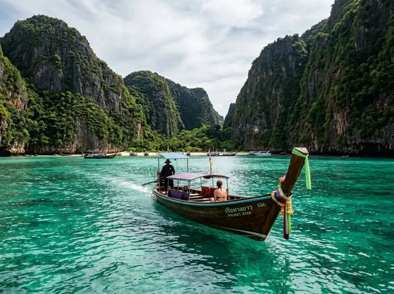 Traditional longtail boat on turquoise water beside limestone cliffs in Thailand